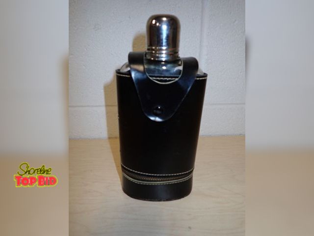 Lot 59-33162 - Vintage Glass Flask and 2 Plastic Shot Glasses in Leather Case