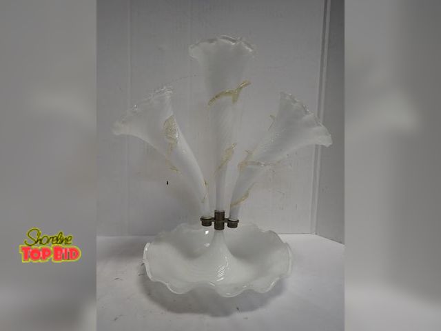 Lot 59-14045 - Antique Milk Glass Epergne Centerpiece Accented with Controlled Bubble and Gold Flecking Applied Spi...