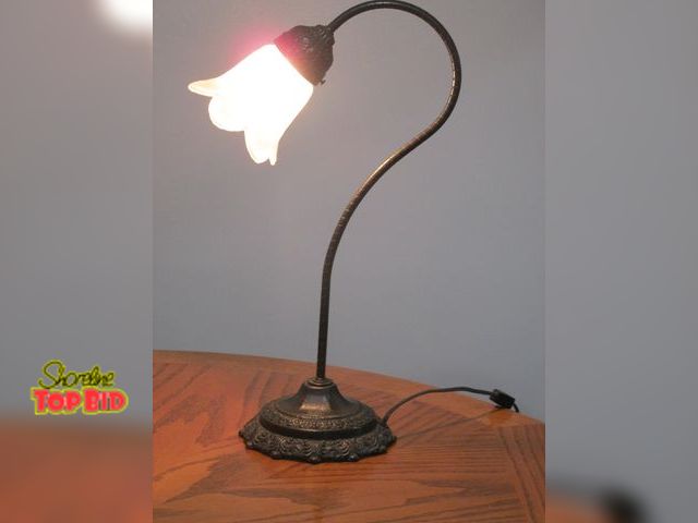 Lot 59-10100 - 19"T tulip shade lamp, takes smaller candleabra style light bulb, tested and working.