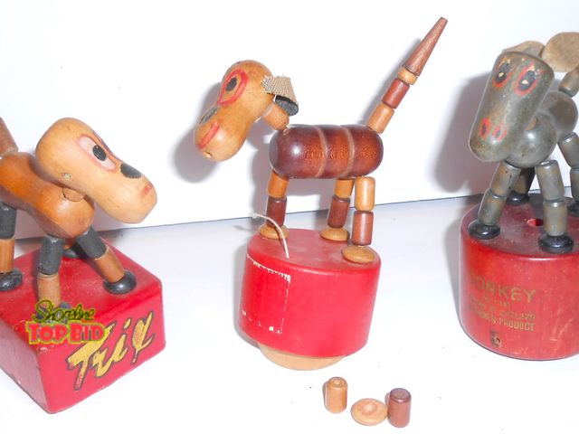 Lot 59-74247 - X3 Vintage 40's Wood Push Bottom Puppet Toys - one in middle needs leg restrung - pieces are there.