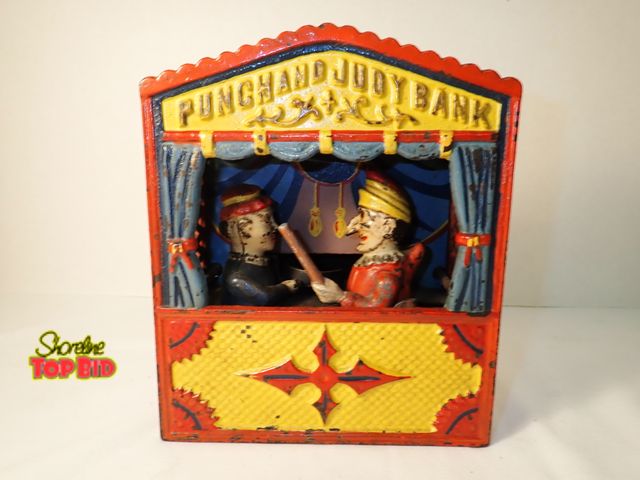 Lot 59-20076 - Original Antique Punch and Judy Mechanical Cast Iron Bank, a True 1884 Original by Shepard Hardware ...