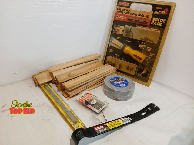 Lot 59-71039 - Garage lot shims prybar and more