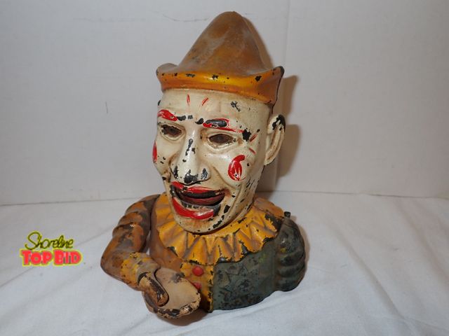 Lot 59-10173 - Original Humpty Dumpty Cast Iron Clown Bank Mechanically Operated, Original Paint, Working, 7" x 6" ...