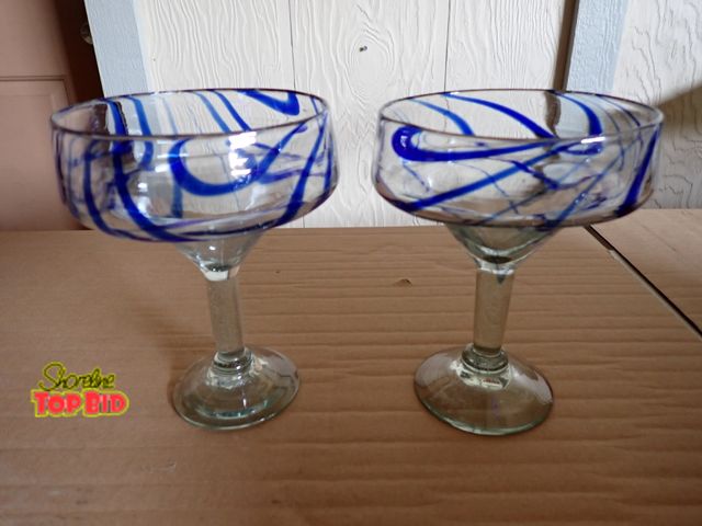 Lot 59-43918 - Pair of Large Hand Blown Margarita Glasses with Cobalt Blue Trim - never used, from Mexico - pair ma...