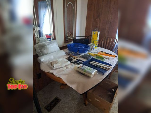 Lot 59-76069 - Decker stain, brushes, roller brushes, plastic covering, radio..works