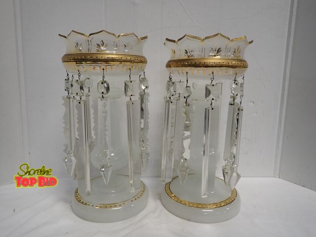 Lot 59-14061 - Pair of Antique Victorian Style Mantel Lustres White Opaline Glass Gold Gilded Decoration and Hangin...