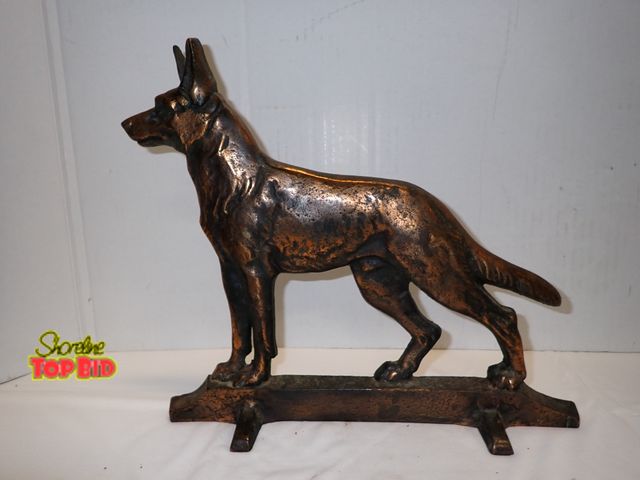 Lot 59-10226 - Vintage Davison Cast Iron Door Stop, Depicting a German Shepherd Dog, Featuring a Brass-Toned or Bro...