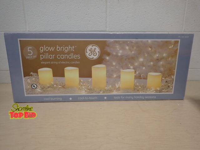 Lot 59-41019 - 5-pc Glow Bright Pillar Candles - String of Electric Lights - Tested, Working