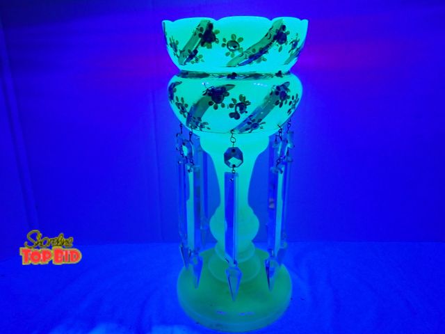 Lot 59-14049 - Antique Victorian Uranium Opaline Glass Mantel Lustre, France late 19th to Early 20th Century, Beaut...