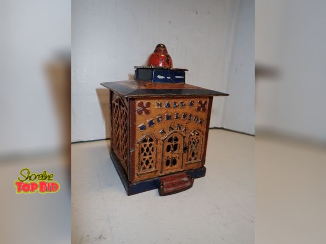 Lot 59-14112 - Antique Hall's Excelsior Bank by J &amp; E Stevens Co. Cast Iron - Original, 5 1/2" tall, 4" x 4"