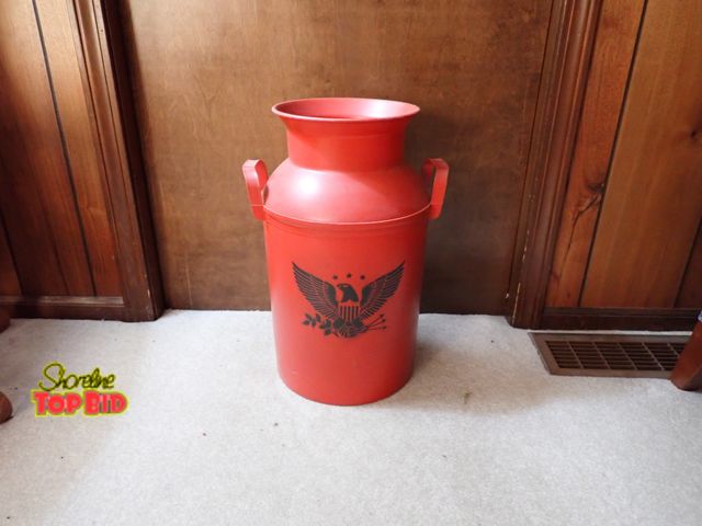 Lot 59-39133 - Fexco Country Milk Can, Plastic Waste Basket Trash Can - American Eagle Red