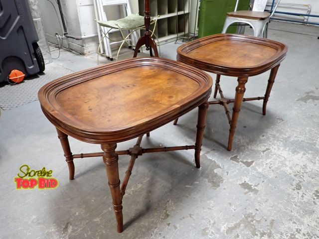 Lot 59-30388 - Pair of Regency Style Oval Faux Bamboo Burled Wood Cocktail Table Set