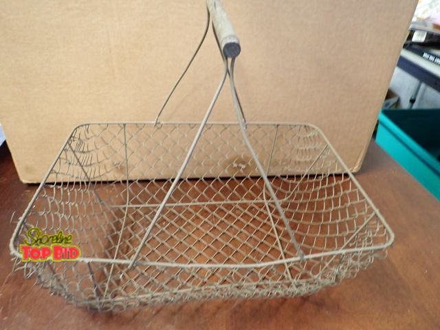 Lot 59-10241 - Primitive Woven Wire Mesh Basket with Wood Handle, Rustic Farmhouse 13 1/2" x 9 1/4"