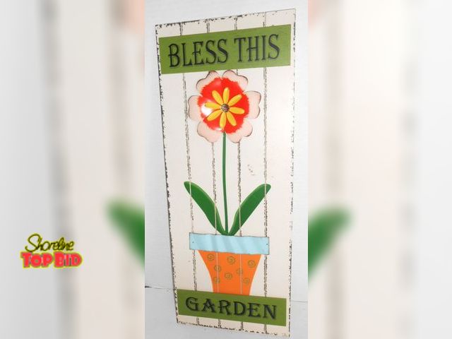 Lot 59-74316 - Too Cute - Large 20" X 8" Bless this Garden -Wood &amp; Metal Sign.