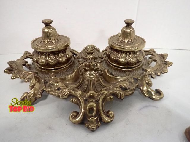 Lot 59-10312 - Ca. 1900 Art Nouveau Brass Ornate Double Ink Well with Lids &amp; Inserts, 12 1/4" x 8". Estimated v...