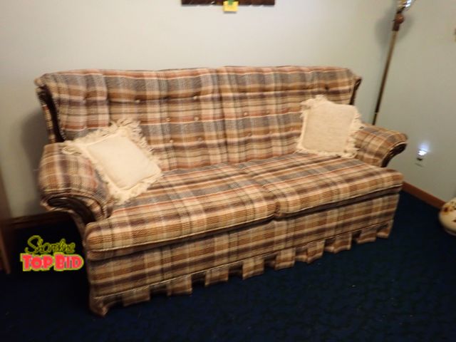 Lot 59-43408 - Vintage Multi-Colored Traditional Tufted Back Plaid Sleeper Sofa with Pleated Skirt, Smoke &amp; Pet...