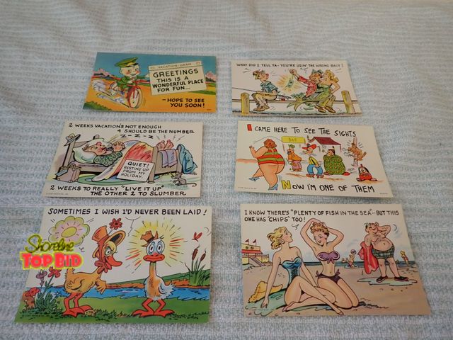 Lot 59-21410 - (6) 1940s Mid-Century Comical Unused Postcards