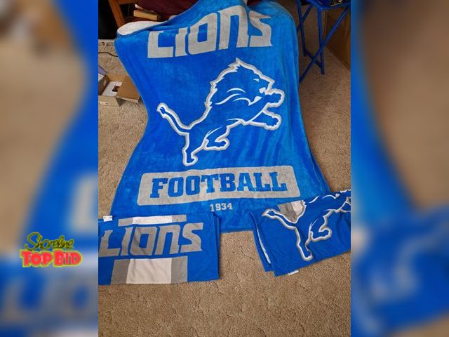 Lot 59-76017 - Detroit lions fleece lap blanket 4'3"x5'4", and new beach towels