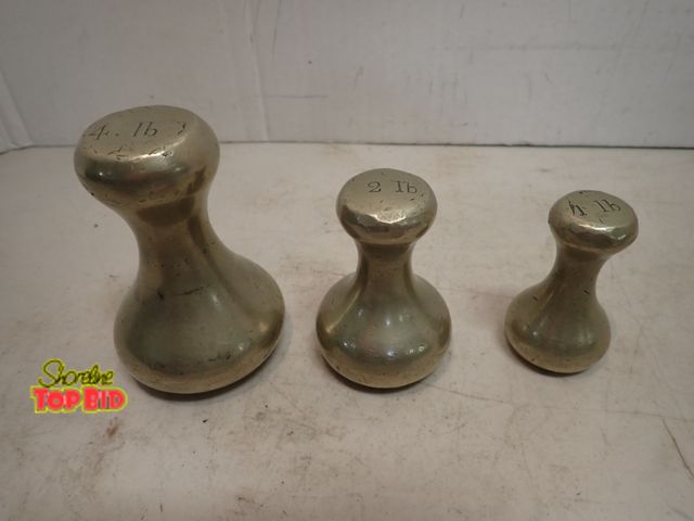 Lot 59-14659 - Set of 3 Brass Capstan Weights 4 lb, 2 lb, 1 lb. Ca. 1890-1940 Victorian. Used in High Street Shops ...