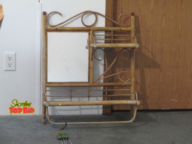Lot 59-10087 - handcrafted shelf w/mirror &amp; attached frog themed windchime.  Measures 21"W x 27"T, made of wood...