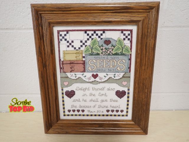 Lot 59-13045 - Framed Counted Cross Stitch Art Piece Rustic Gardening Theme Wall Decor 13 1/2" x 11 1/2"