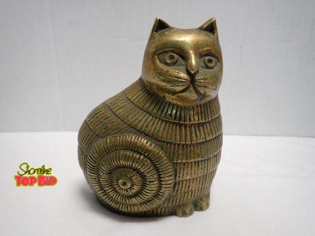 Lot 59-10239 - Vintage Brass Cat Figurine "Chubby" Sitting Cat, Mid-Century Aesthetic, Solid Brass with Detailed Et...