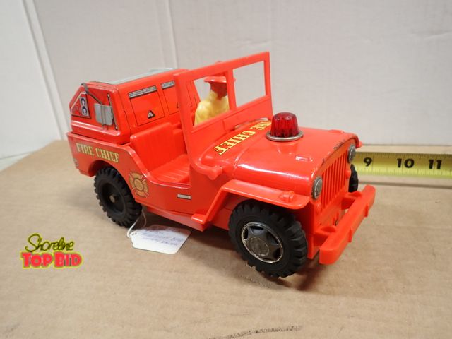 Lot 59-24116 - 1960s F,D, Fire Chief Litho Jeep Battery Operated Toy Tin Car, Red, 9 1/2" Long