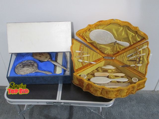 Lot 59-10039 - Lot of two vintage  personal beauty care kits (brushes, combs, mirrors, fingernail care, etc..) in c...