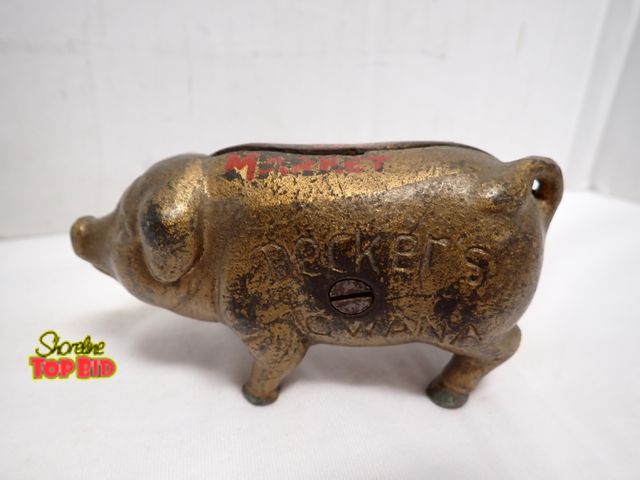 Lot 59-14082 - Antique Decker's Iowana Cast Iron Piggy Bank, Advertising Piece Produced in the Early 20th Century 2...