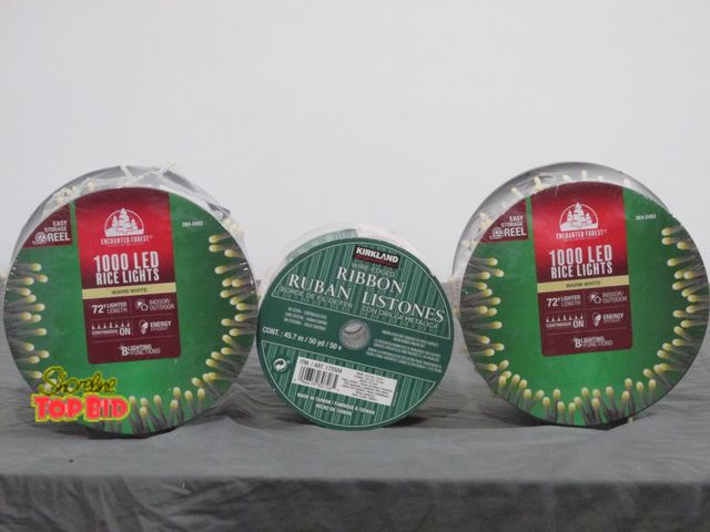 Lot 59-10013 - (2) new 72.5' long rolls of Enchanted Forest 1000 LED Rice Lights &amp; 1 new Kirkland brand 50 yard...