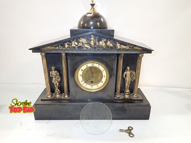 Lot 59-14487 - Ca. 1860-90 Victorian Era Black Slate Mantel Clock, Design Greco-Roman Theme with Key. Working Condi...
