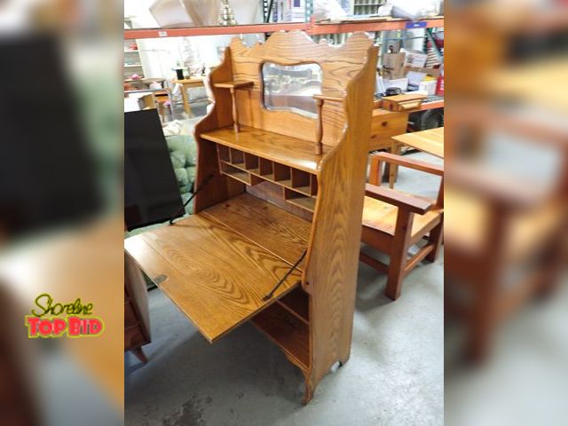 Lot 59-24071 - Antique Mini Secretary Desk with Key, Beveled Mirror, Very Sturdy