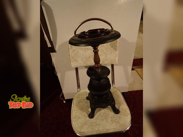 Lot 59-43035 - Mid-Century Cast Iron Pot Belly Smoking Stand with Original Amber Ashtray 22" tall