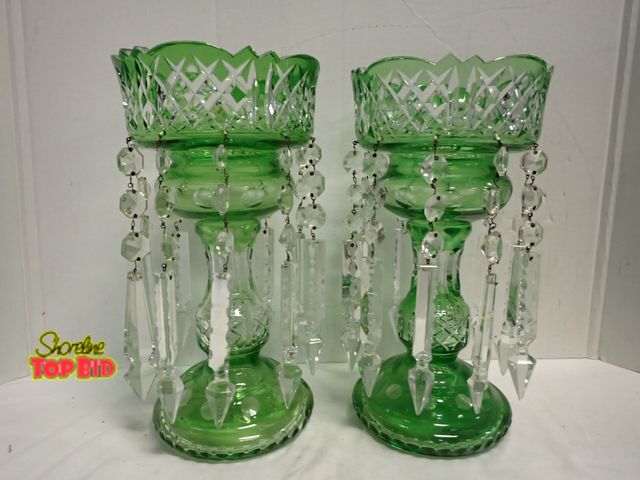 Lot 59-14064 - Pair of Antique Bohemian Emerald Green Glass Mantel Lusters with Glass Prisms, Victorian-Era, Gorgeo...