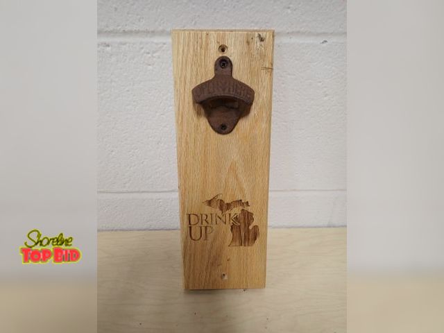 Lot 59-13042 - Laser Cut Wood Bottle Opener "Drink Up" Wall Mounting