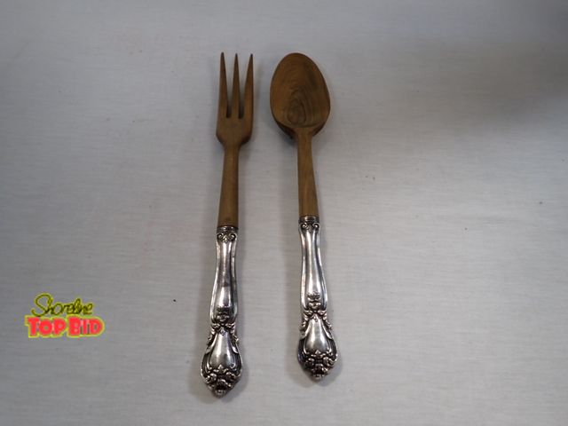 Lot 59-24231 - Sterling Silver &amp; Teak Salad Fork &amp; Spoon, Very Nice Set