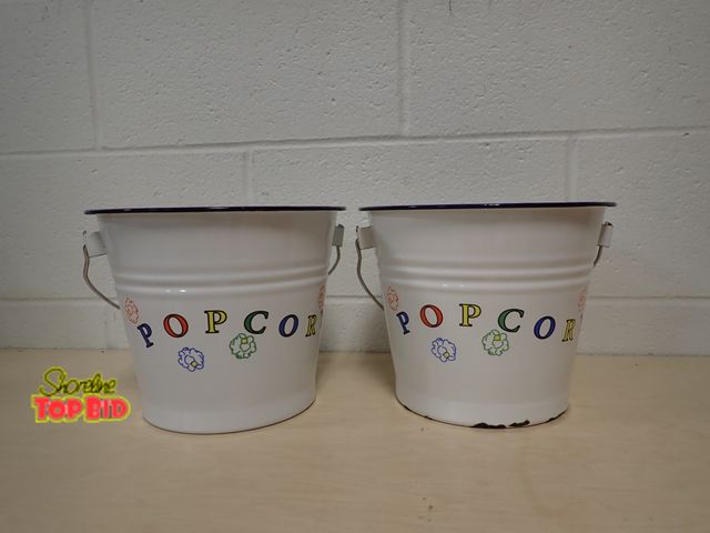 Lot 59-41350 - 2 Popcorn Enamel Buckets with Wood Handles