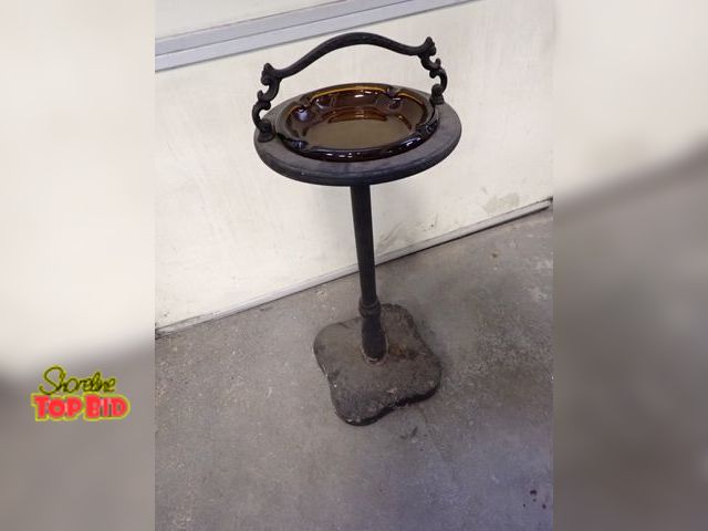 Lot 59-30055 - Antique Cast Floor Ashtray with Original Amber Glass Ash Dish, Paint is Peeling on Base, Very Solid