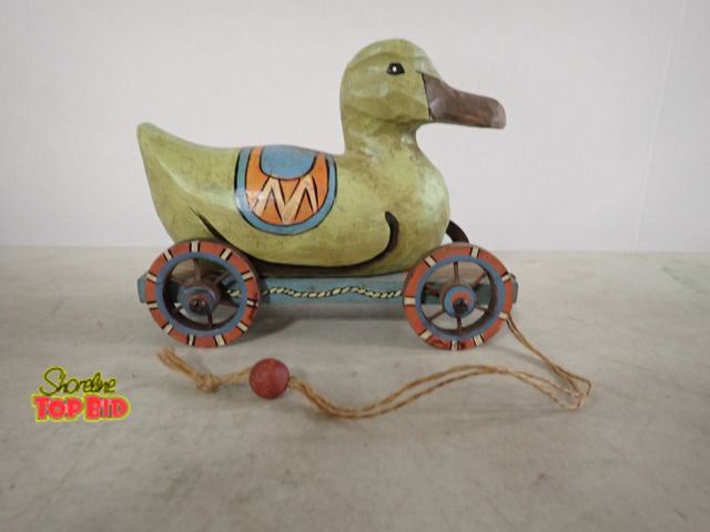 Lot 59-33533 - Vintage Wooden Duck Pull Toy features Hand Painted Details, Stylized Wheels