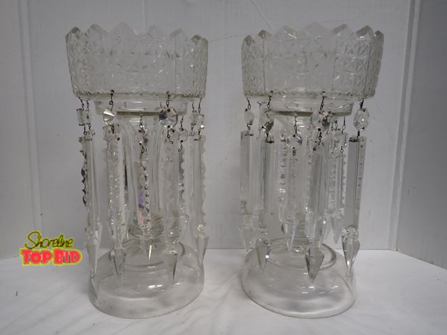 Lot 59-14069 - Pair of Antique Victorian Bohemian Clear Cut Glass Crystal Mantel Lustres with Prisms 19th Century 1...