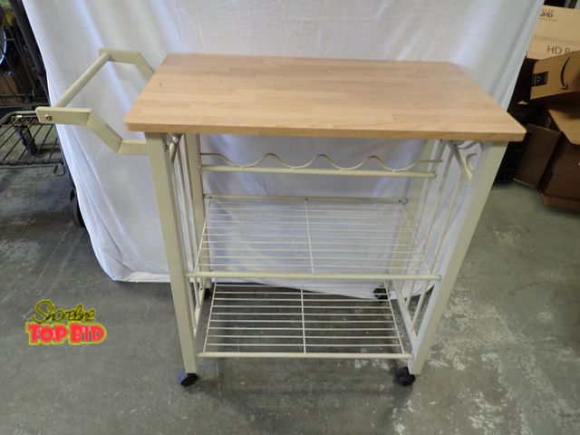 Lot 59-20015 - Rolling Kitchen Cart, Ivory Metal Frame, Light Wood-Grain Top and Two Lower Wire Shelves, 31 1/2" x ...