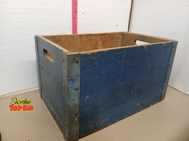 Lot 59-71007 - Vintage Industrial Wood Crate 11T x 19x13 Blue Paint Metal Reinforced Corners Rustic Tote