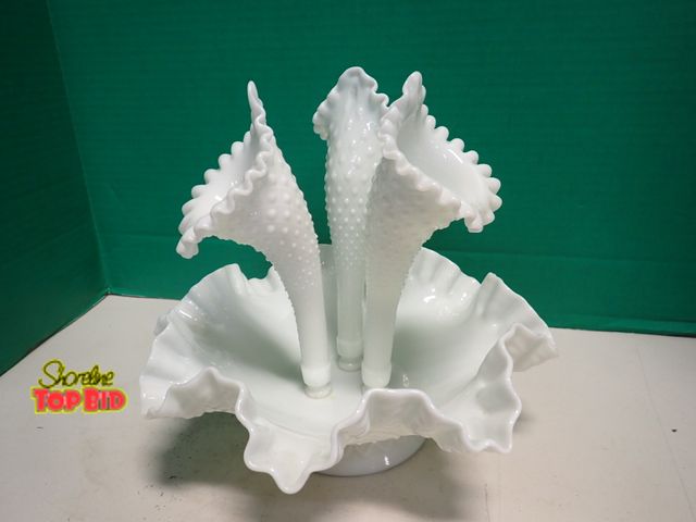 Lot 59-14139 - Fenton Hobnob 3-Horn Center Pc 1950s Diamond Lace Milk Glass Epergne 9 1/2" x 10 1/4" dia. Estimated...
