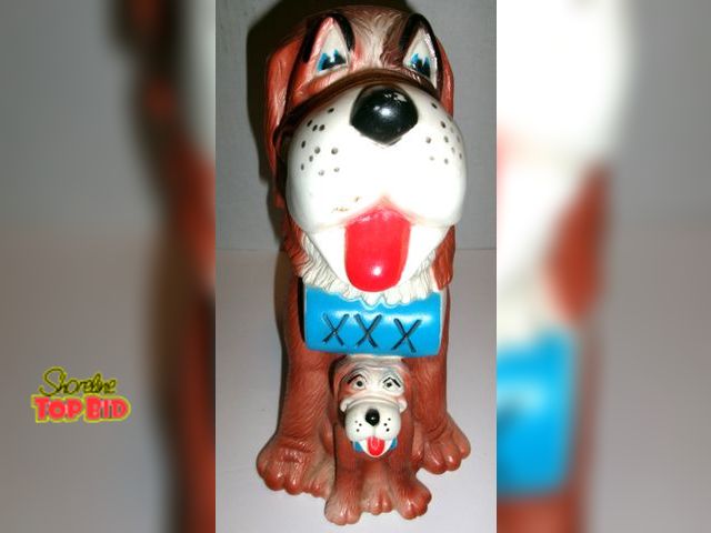 Lot 59-74542 - PLEASE ADOPT US! Vintage 70's Banker Systems Saint Bernard Dogs Piggy Bank Coin Bank w/ Stopper. Mea...