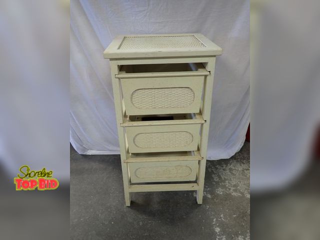 Lot 59-21049 - Cream-Color Wooden Accent Storage Unit Woven Rattan Top and Three Matching Pull-Out Basket Drawers w...