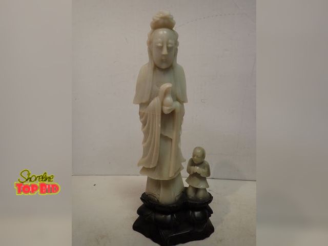 Lot 59-14457 - Mid-Century Hand Carved Soap Stone Figurine of Guan Yin with Child, Lotus Pedestal, 14" tall