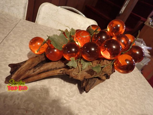Lot 59-43155 - Mid-Century Orange Lucite Grapes on Driftwood 14" x 9"