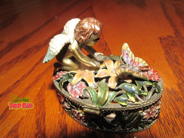 Lot 59-10132 - Yu Feng angel w/butterfly bejeweled enamel trinket box.  Box opens up for storing small trinkets or ...