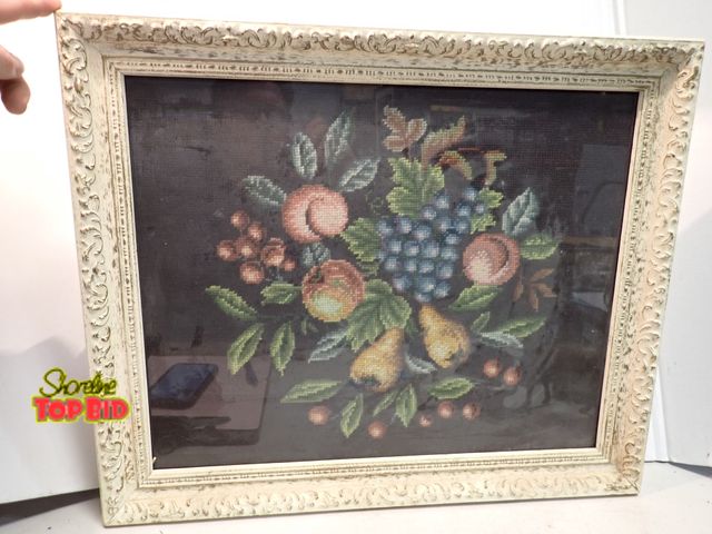 Lot 59-14452 - Antique Framed Needlepoint Tapestry, A Still Life of Fruit with Dark Background 19" x 23"