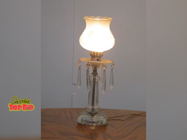 Lot 59-10094 - 13"T lamp with a frosted globe &amp; 6 hanging elongated crystals.  Lamp is tested and working, look...
